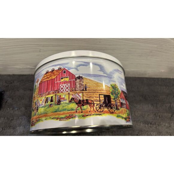 Vintage Figis Metal Tin  Can with Lid Country Farm Red Barn Sold Empty - Picture 3 of 9